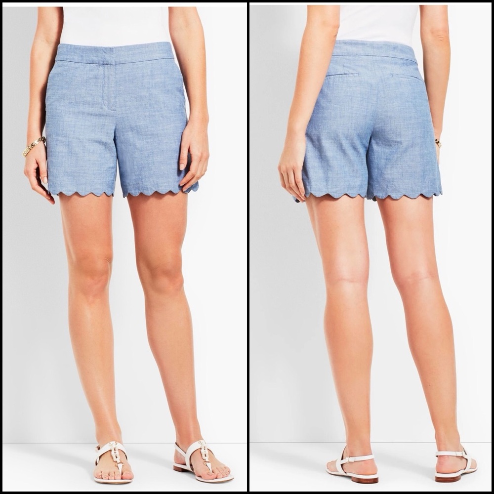 Talbots 100% Cotton Chambray Blue Denim Scalloped 5” Shorts Mid-Rise